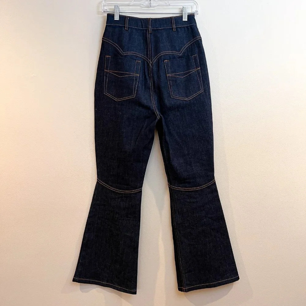 Ellery Dark Wash Denim Contrast Stitch High Waist Boho Designer Flare Jeans 27 - Picture 6 of 12